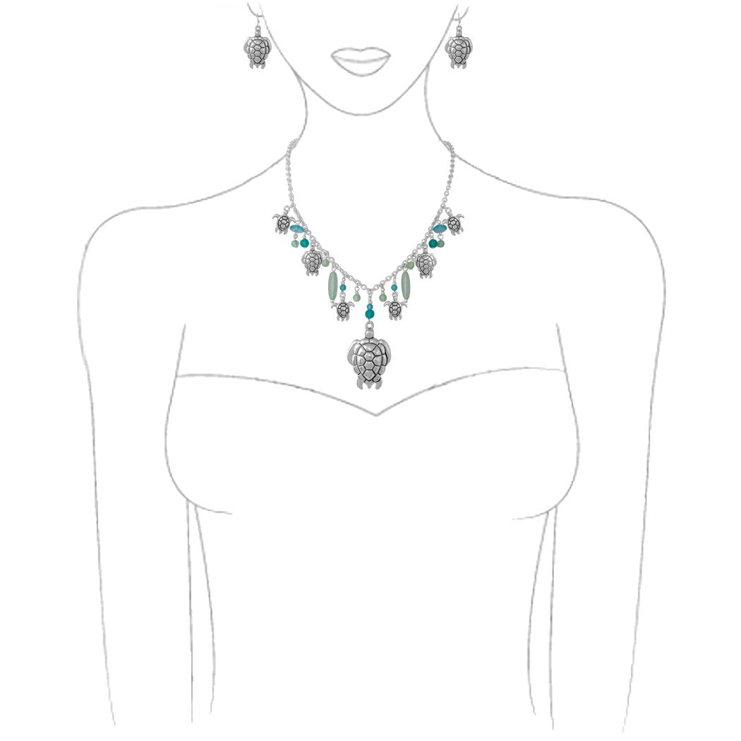 Sea Glass And Ocean Themed Multiple Charms Necklace Earrings Set, 18"+3" Extender (Green Sea Glass Turtle Charms)