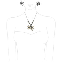 Magical Semi Precious Howlite Stone Dragonfly Pendant Necklace Earrings Set, 18"+3" Extender