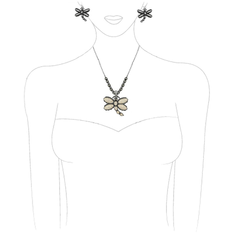 Magical Semi Precious Howlite Stone Dragonfly Pendant Necklace Earrings Set, 18"+3" Extender
