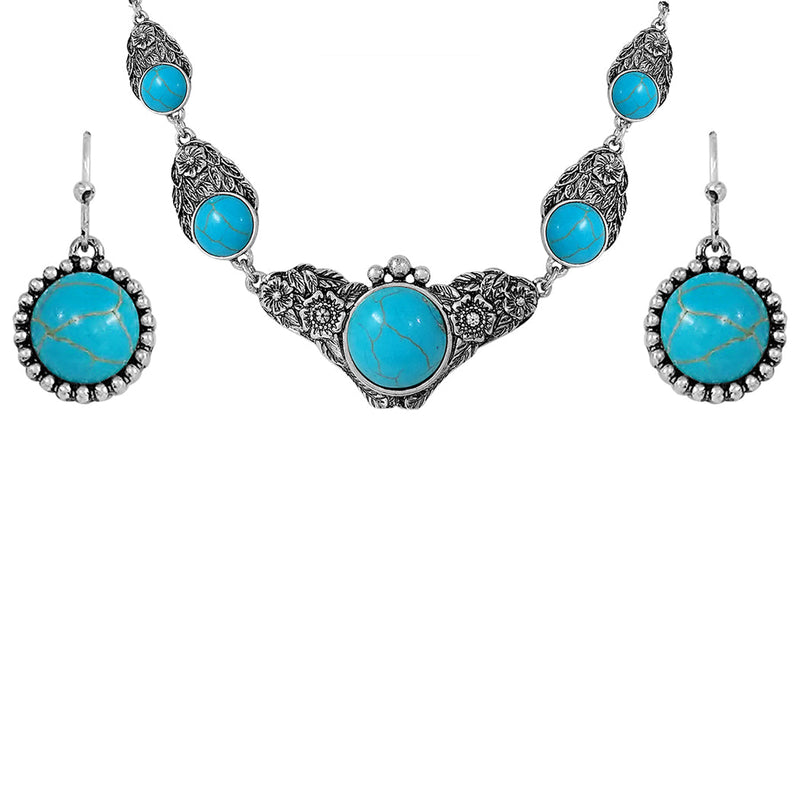 Vintage Western Style Decorative Flower Framed Turquoise Howlite Stone Necklace Earrings Gift Set, 17"+3" Extender