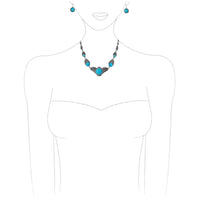 Vintage Western Style Decorative Flower Framed Turquoise Howlite Stone Necklace Earrings Gift Set, 17"+3" Extender