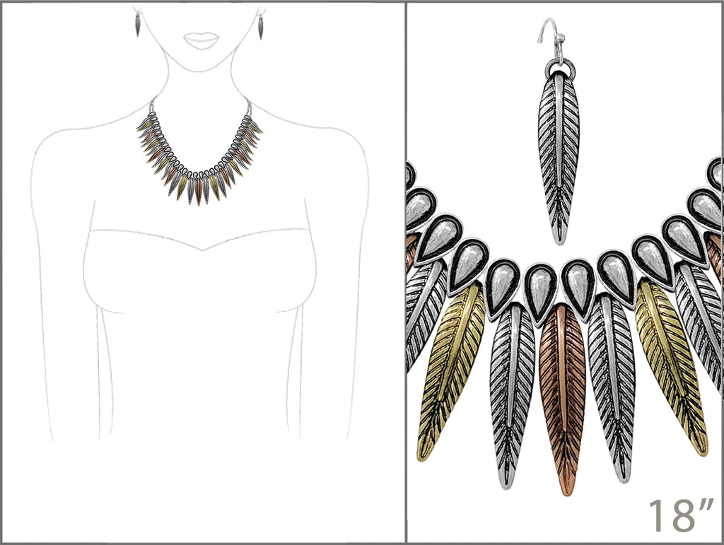 Cowgirl Chic Western Mixed Metal Feather Necklace Earrings Set, 18"+3" Extender