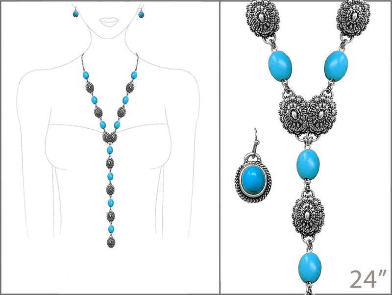 Stunning Vintage Western Style Conchos And Semi Precious Turquoise Howlite Stone Y-Drop Necklace Earring Gift Set, 24"+3" Extender
