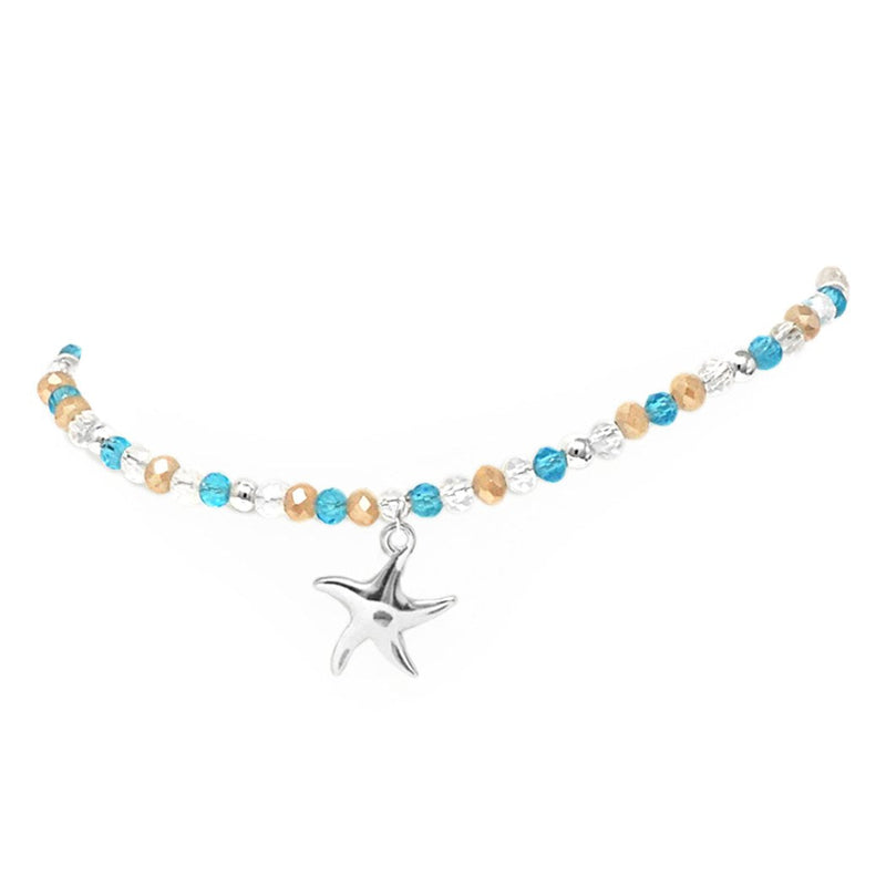 Summer Fun Beaded Chain Ankle Bracelet Starfish Charm Anklet, 9"-11" with 2" Extender (Polished Starfish Beaded Strand)