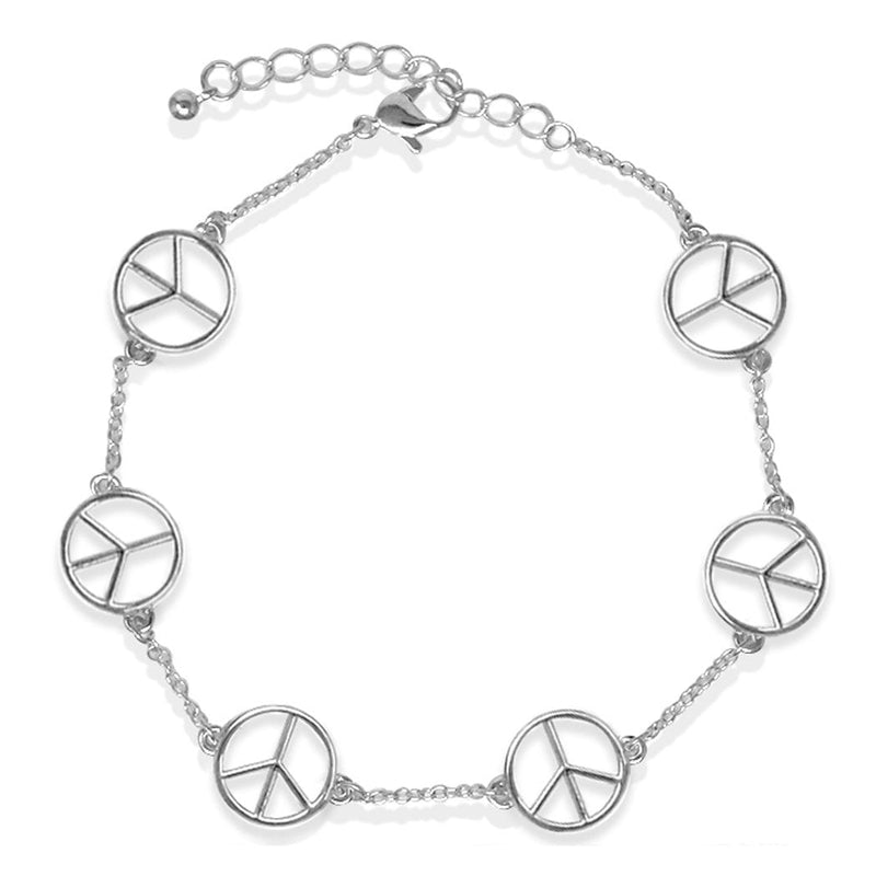 Good Vibes Silver Tone Peace Sign Charms Ankle Bracelet, 9"+1.5" Extender