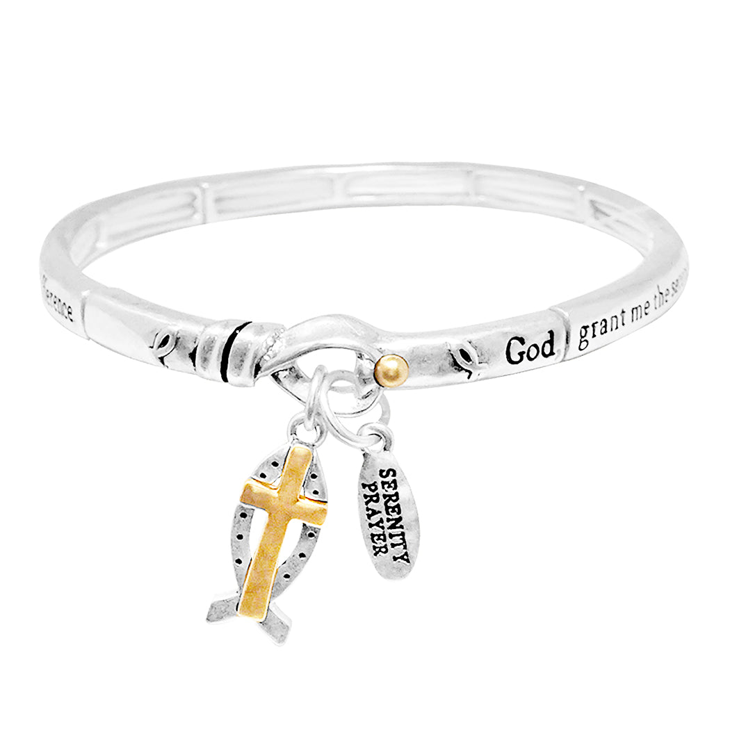 Rosemarie's Religious Gifts Women's Inspirational Religious Charms Stretch Bracelet, 7" (Serenity Prayer With Christian Fish Charm)