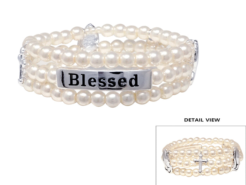 Chic Simulated 6mm Pearl With Blessed Charms Stretch Bracelet