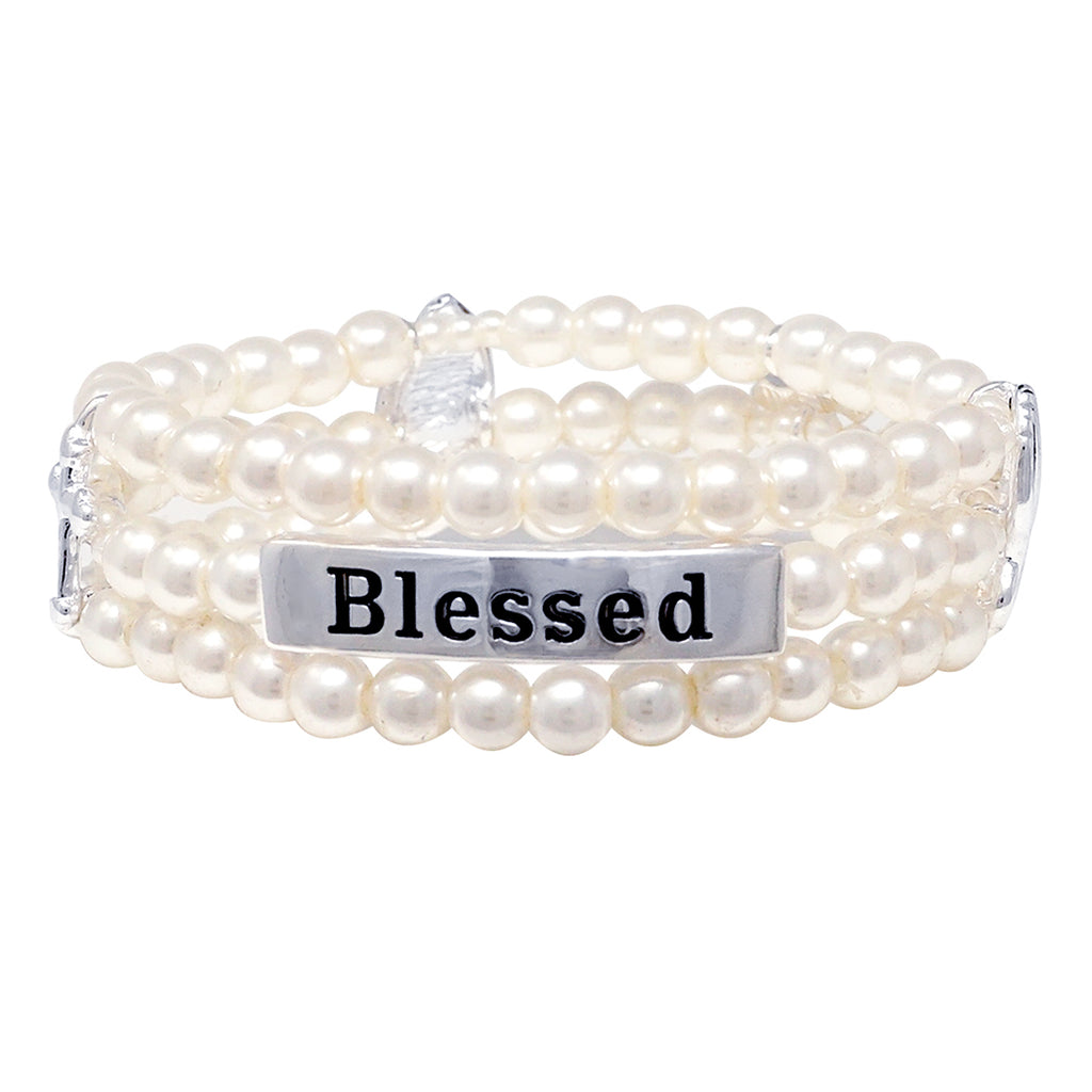 Chic Simulated 6mm Pearl With Blessed Charms Stretch Bracelet