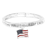 Women's USA Red White and Blue Enamel Flag Charm Patriotic Inspirational KEEP CALM Inscription Stretch Bracelet, 2.25"