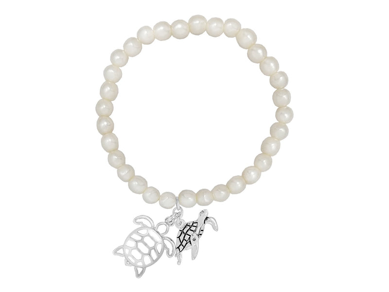Simulated Pearl With Whimsical Sea Turtle Dangle Charms Stretch Bracelet