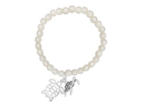 Simulated Pearl With Whimsical Sea Turtle Dangle Charms Stretch Bracelet, 6"