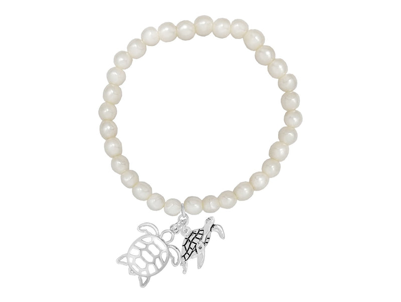 Simulated Pearl With Whimsical Sea Turtle Dangle Charms Stretch Bracelet, 6"