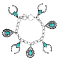 Cowgirl Chic Western Semi Precious Turquoise Howlite Stone Charms Toggle Clasp Bracelet, 7.5"-8" (Squash Blossom And Conchos)