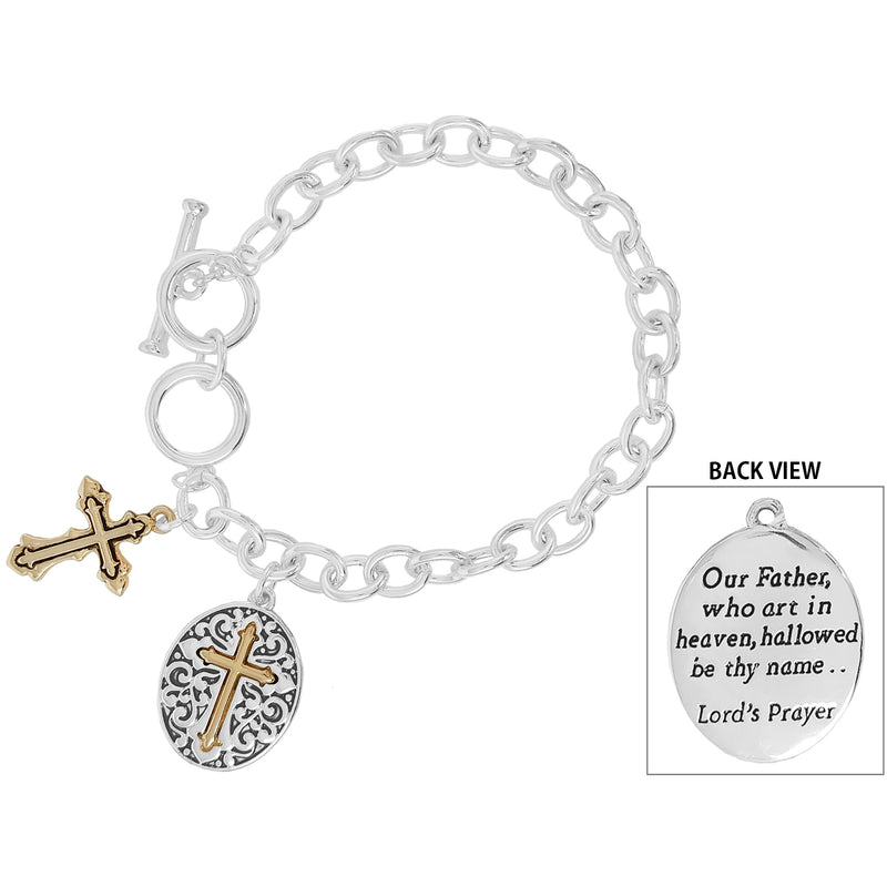 Rosemarie's Religious Gifts Women's Inspirational Religious Multiple Charms Toggle Clasp Bracelet, 7.5"-8" (Lords Prayer With Cross Charm)