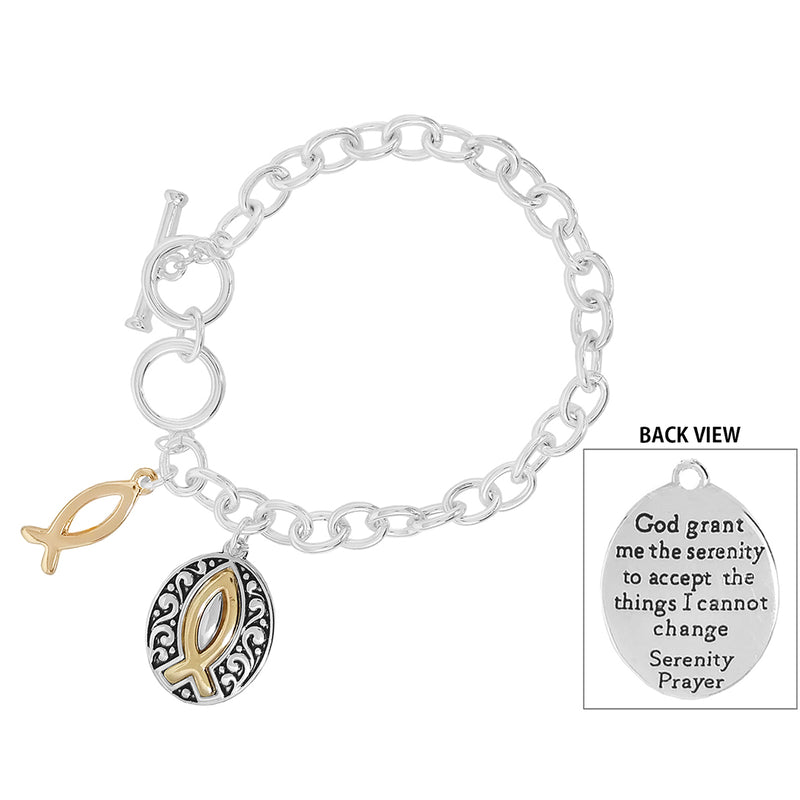 Rosemarie's Religious Gifts Women's Inspirational Religious Multiple Charms Toggle Clasp Bracelet, 7.5"-8" (Serenity Prayer With Christian Fish Charm)