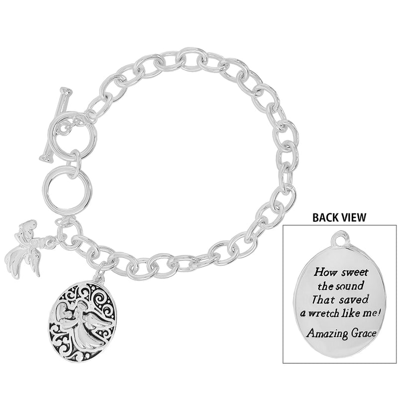 Rosemarie's Religious Gifts Women's Inspirational Religious Multiple Charms Toggle Clasp Bracelet, 7.5"-8" (Amazing Grace With Angel Charm)