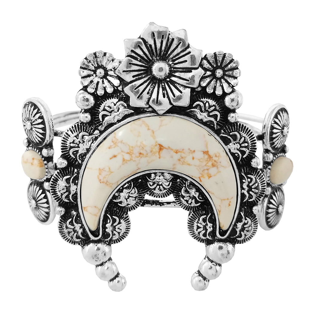 Western Style Semi Precious Howlite Stone Open Cuff Bracelet (Squash Blossom Natural White Howlite Stone)