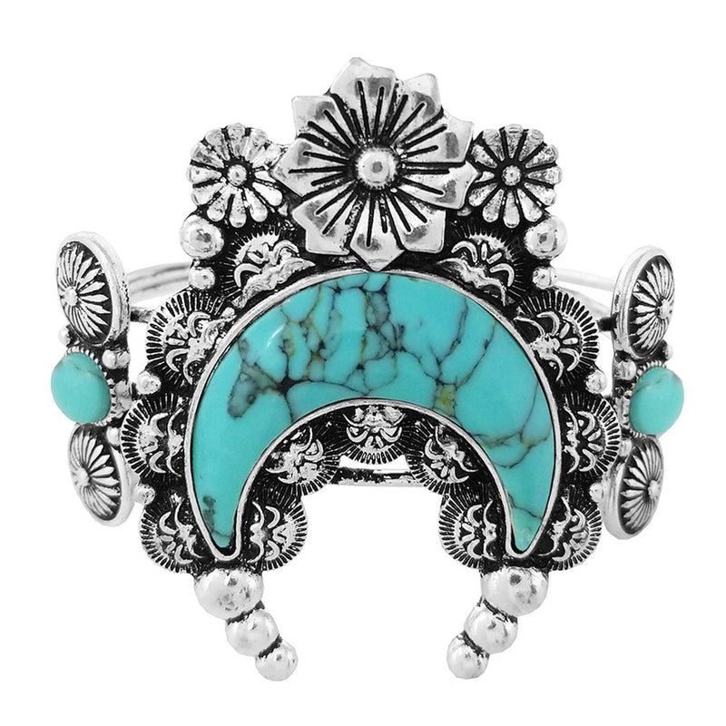 Western Style Semi Precious Howlite Stone Open Cuff Bracelet (Squash Blossom Turquoise Moon)