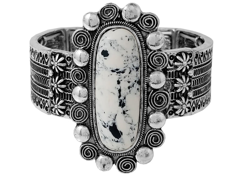 Cowgirl Glamor Western Style Large Dalmatian Spot Natural Howlite Stone Statement Stretch Bangle Bracelet, 7"