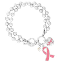 Pink Ribbon Charm Breast Cancer Awareness Bead Ball Double Chain Toggle Clasp Bracelet, 6.5"-7"