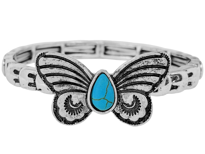 Chic Western Semi Precious Turquoise Howlite Stone Butterfly Stretch Bangle Bracelet, 7"