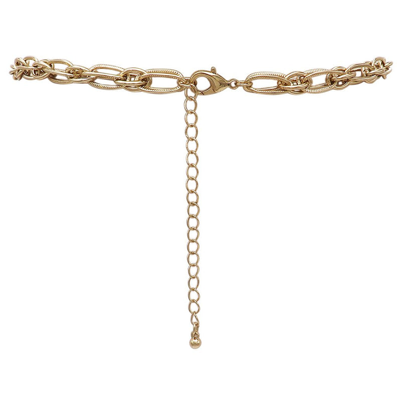 Trendy Double Link Gold Tone Textured Chain Statement Choker Necklace, 16"-19" with 3" extender