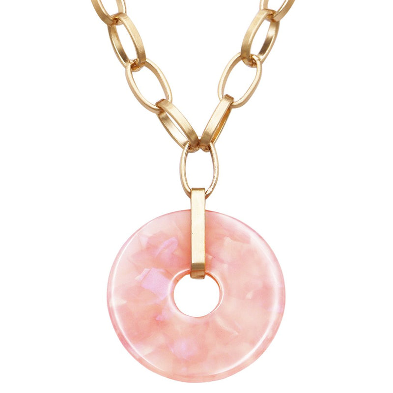 Chunky Gold Tone Link Collar Statement Pink Lucite Pendant Necklace 16" - 22"