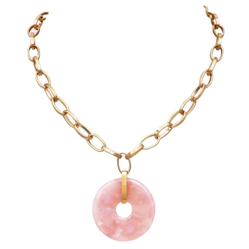 Chunky Gold Tone Link Collar Statement Pink Lucite Pendant Necklace 16" - 22"