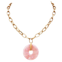 Iridescent Pink Lucite Circle Disc Pendant On Gold Tone Oval Link Collar Necklace 16"+3" Extender