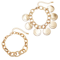 Set of 2 Polished Gold Tone Link Multi strand Bracelets with Coin Discs Charms