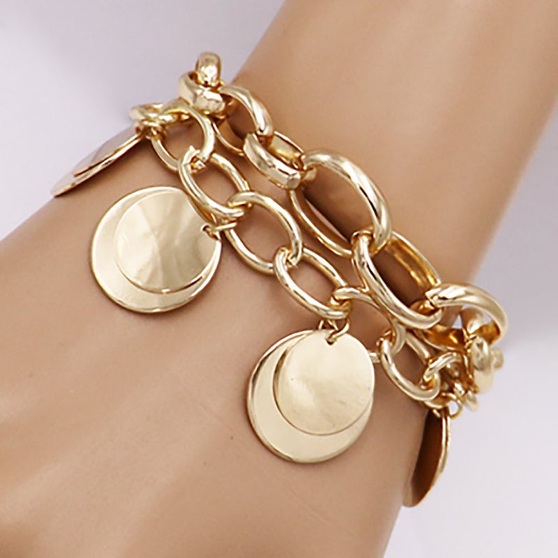 Set of 2 Polished Gold Tone Link Multi strand Bracelets with Coin Discs Charms