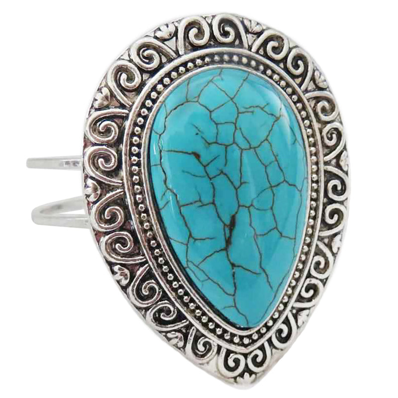 Western Style Large Natural Howlite Stone Hinged Statement Bangle Bracelet, 6.5" (Teardrop Swirl Turquoise Howite)