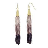 Stunning Seed Bead Tassel Dangle Earrings Ombre Purple Gold Tone Fish Hook, 3.5"