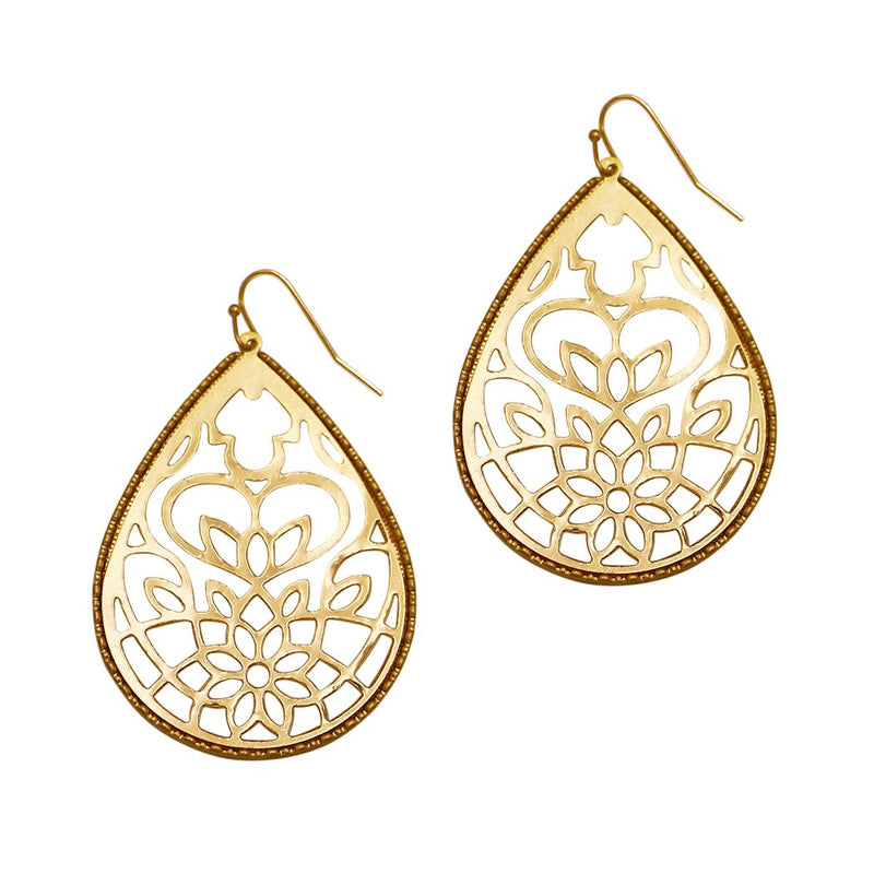 Large Filigree Style Metal Cutout Teardrop Dangle Earrings (Gold Tone)