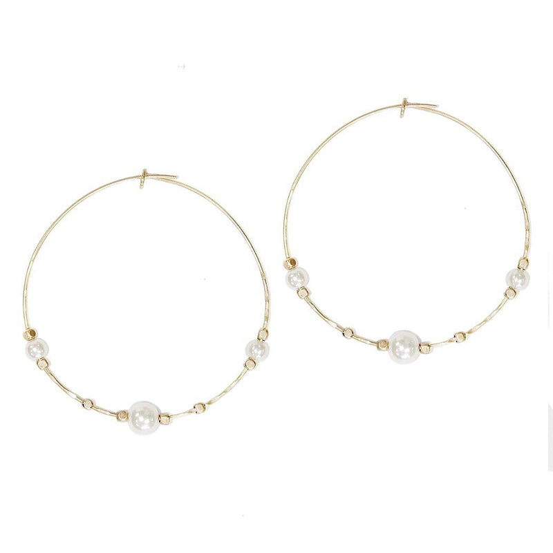 Faux Pearl Wire Bead Hoop Dangle Earrings (Gold Color)