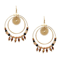 Gold Copper and Black Wire Glass Bead Double Hoop Dangle Earrings