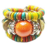 Bohemian Chic Flexible Memory Wire Colorful Wrap Glass Bauble And Wood Bead Bracelet (Rainbow With Orange)