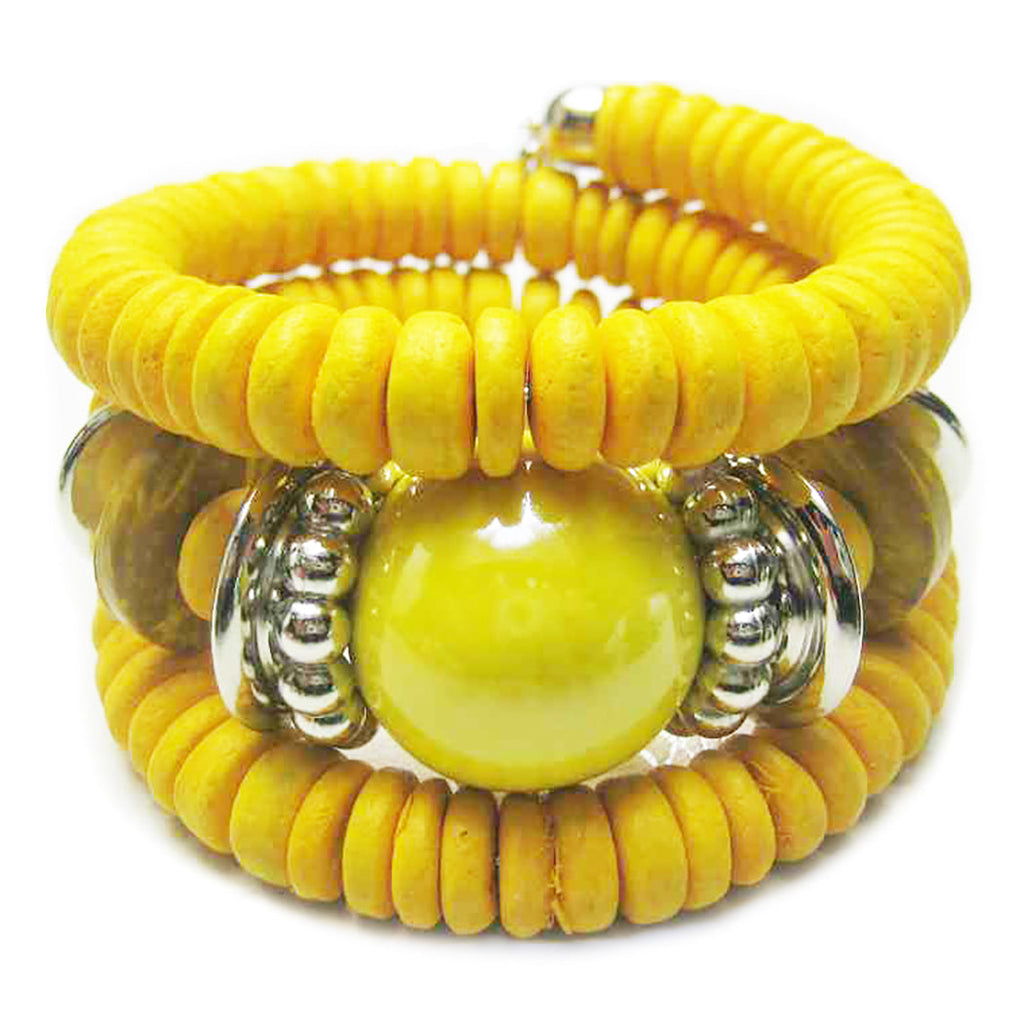 Bohemian Chic Flexible Memory Wire Colorful Wrap Glass Bauble And Wood Bead Bracelet (Sunshine Yellow)