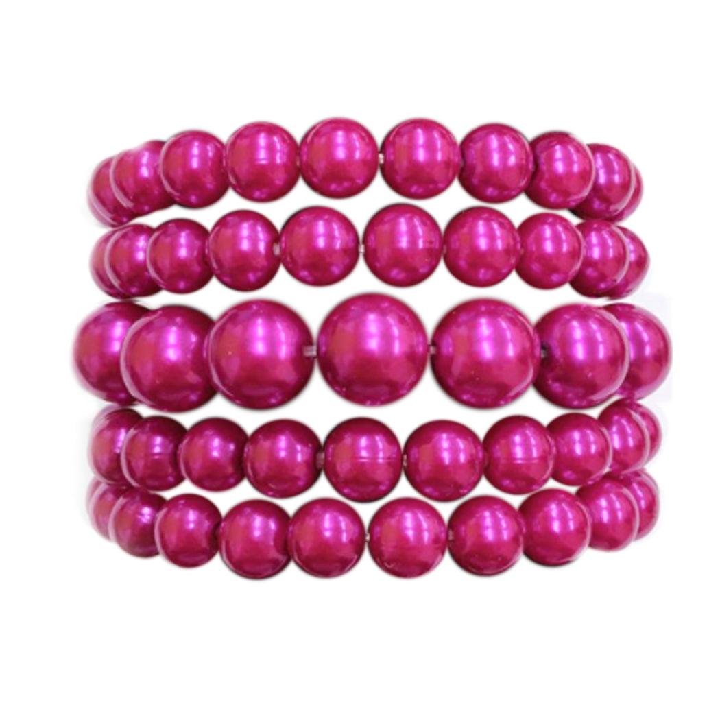 Statement Set of 5 Stacking Pearl Bead Stretch Bracelets, 2.5" (Metallic Fuchsia Purple)