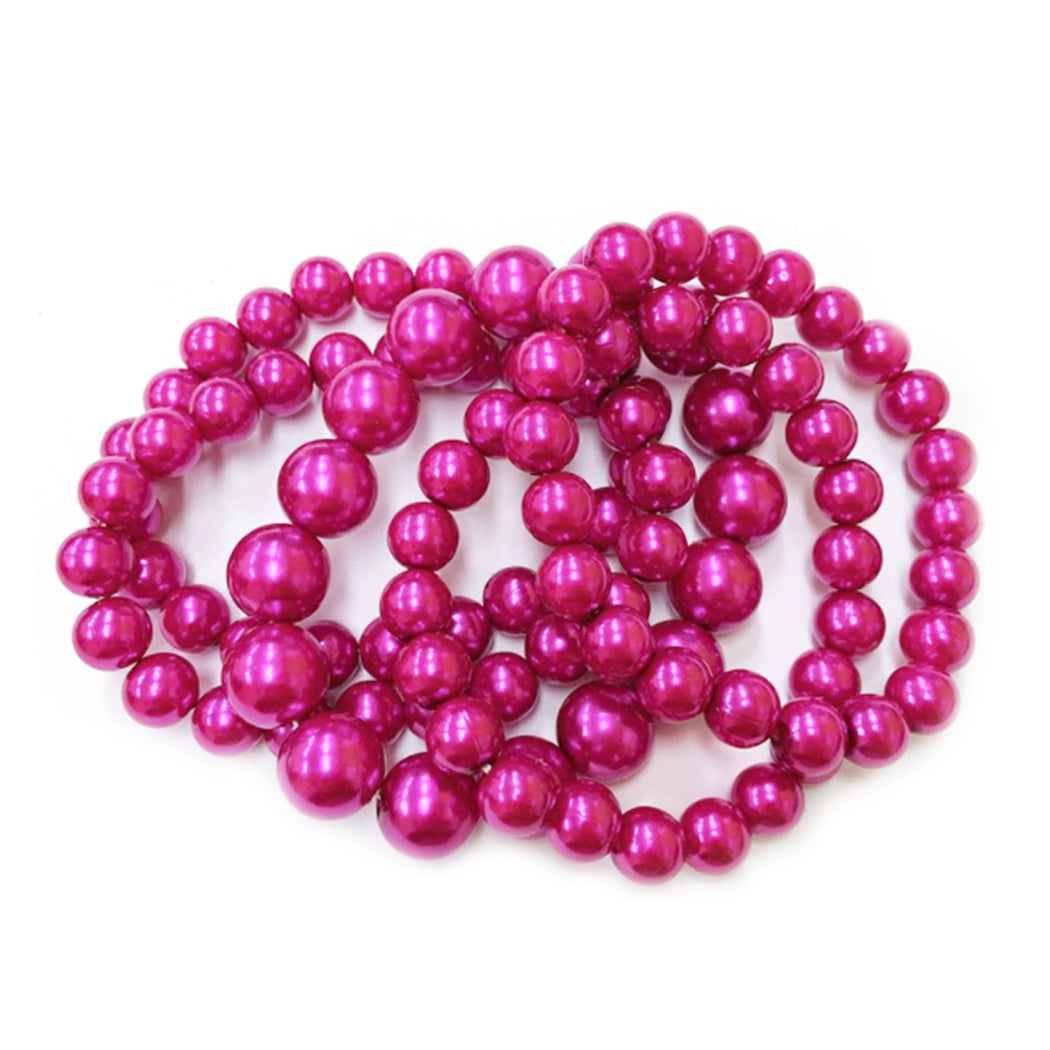 Statement Set of 5 Stacking Pearl Bead Stretch Bracelets, 2.5" (Metallic Fuchsia Purple)