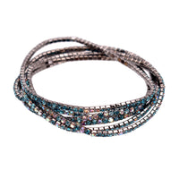 Stunning Set of 6 Petite Crystal Rhinestone Stretch Bracelets, 6.5" (Mixed Blue Crystals Hematite Tone)