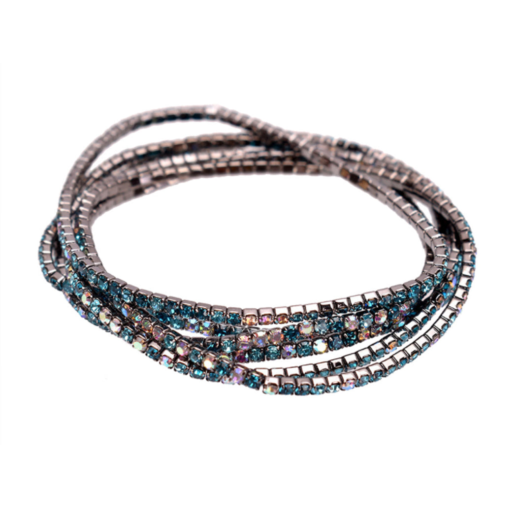 Stunning Set of 6 Petite Crystal Rhinestone Stretch Bracelets, 6.5" (Mixed Blue Crystals Hematite Tone)