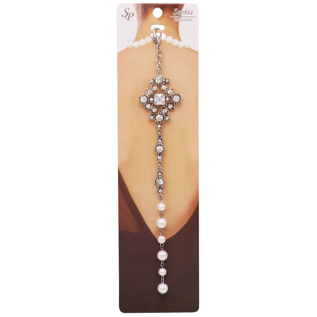 Elegant Crystal and Simulated Pearl Backdrop Style Bridal Necklace Pendant Clip On Charm