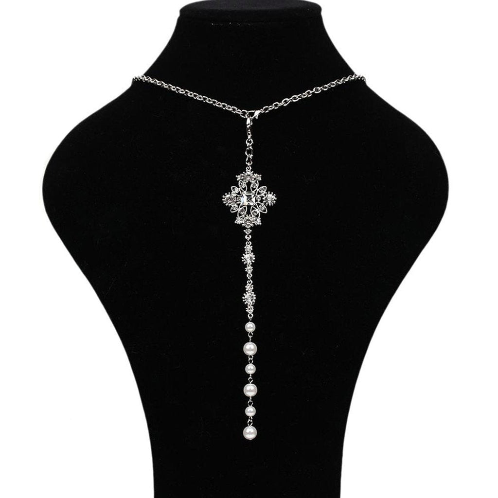 Elegant Crystal and Simulated Pearl Backdrop Style Bridal Necklace Pendant Clip On Charm