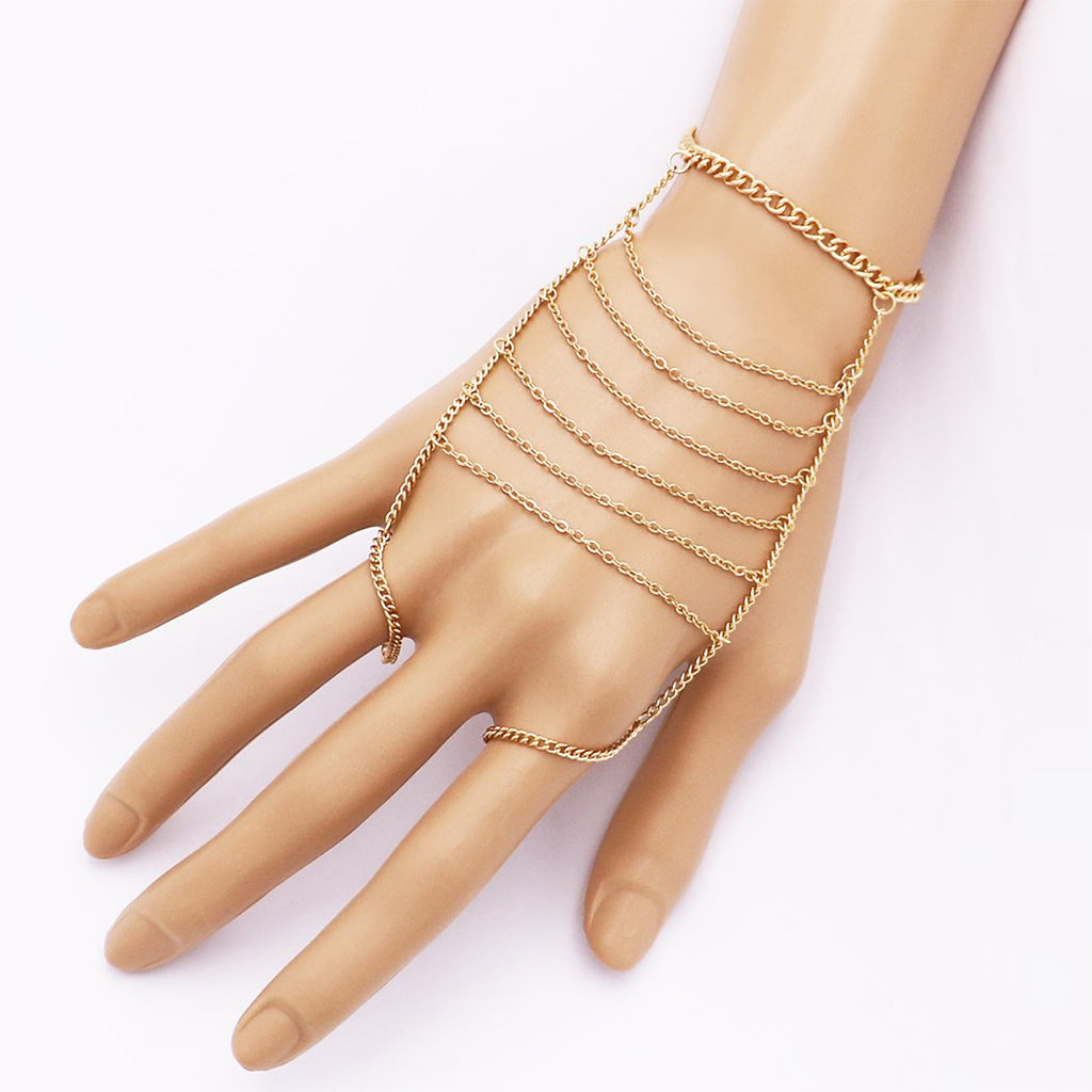 Dainty Gold Tone Double Ring Bracelet Hand Chain