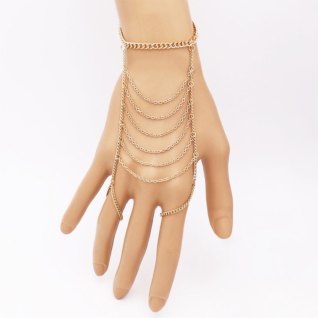 Dainty Gold Tone Double Ring Bracelet Hand Chain