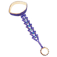Brilliant Blue Rhinestone Stretch Bracelet and Ring Hand Chain (Blue/Gold Tone)