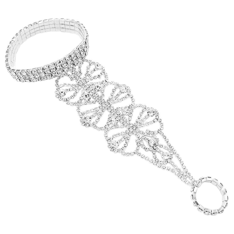 Stunning Intricate Patterned Crystal Rhinestone Stretch Bracelet and Ring Hand Chain