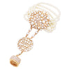 Unique Circular Design Crystal Rhinestone And Simulated Cream Pearl Stretch Bracelet Ring Hand Chain Gold Tone