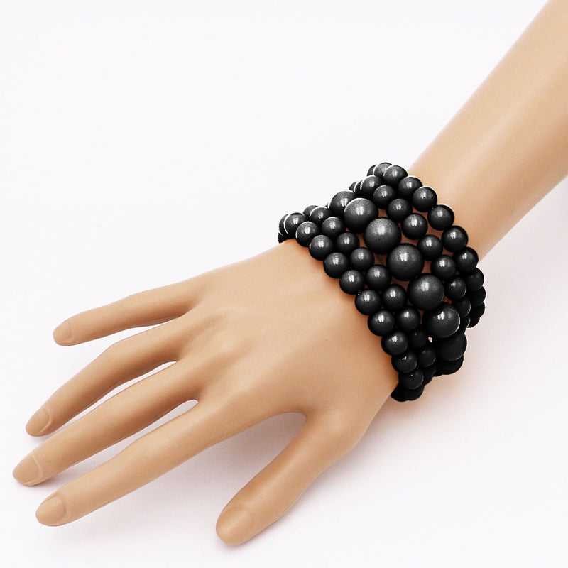 Statement Set of 5 Stacking Pearl Bead Stretch Bracelets, 2.5" (Jet Black)